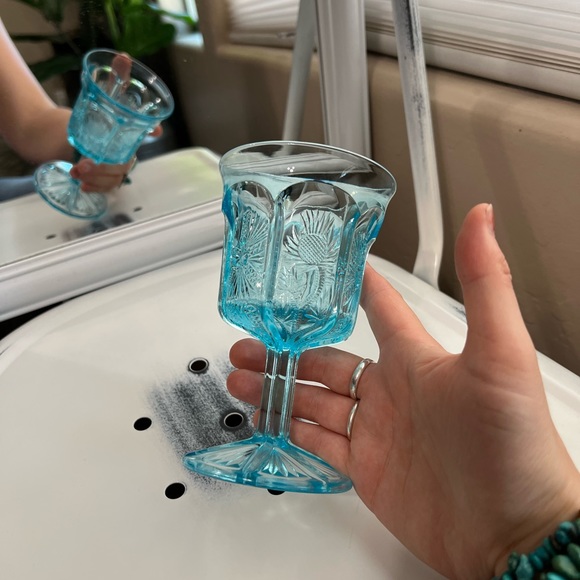 St. Clair Panelled Thistle Cobalt Carnival Glass Wine Goblet Aqua blue vintage - Picture 5 of 12